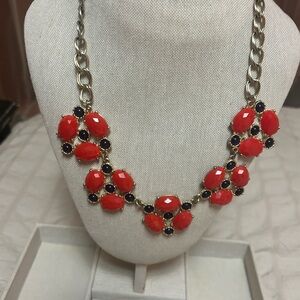 Stella & Dot MAE Red Statement Necklace Gold Tone Floral Backing Retired